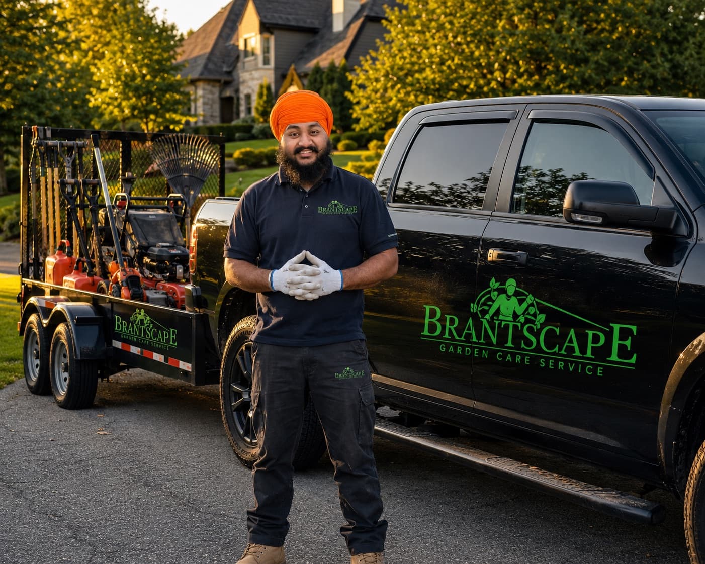 Brantscape crew member in front of the branded truck and equipment trailer