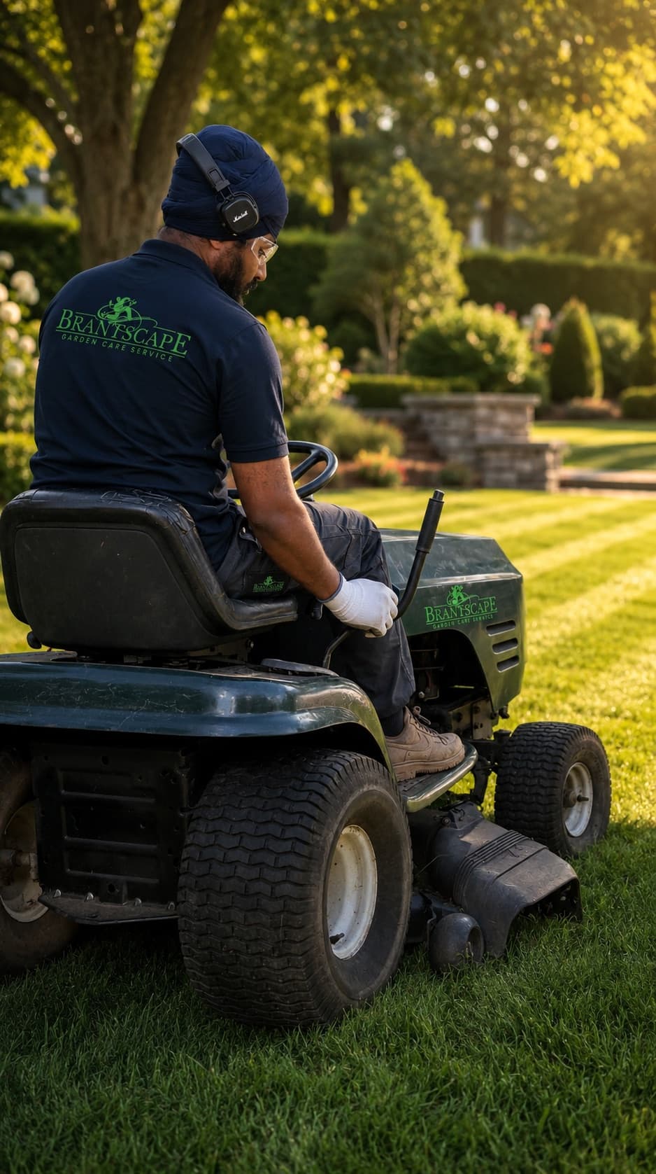 Brantscape crew member mowing a striped lawn at golden hour